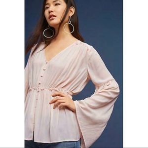 Anthropologie Pink Flare Sleeve V-Neck Blouse